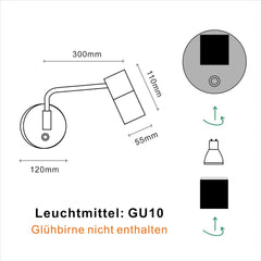 Technical drawing of a wall-mounted light fixture with dimensions and GU10 bulb information.