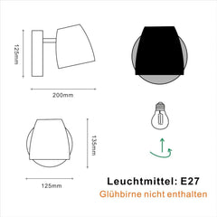 Technical drawing of a wall-mounted light fixture with dimensions and bulb information.
