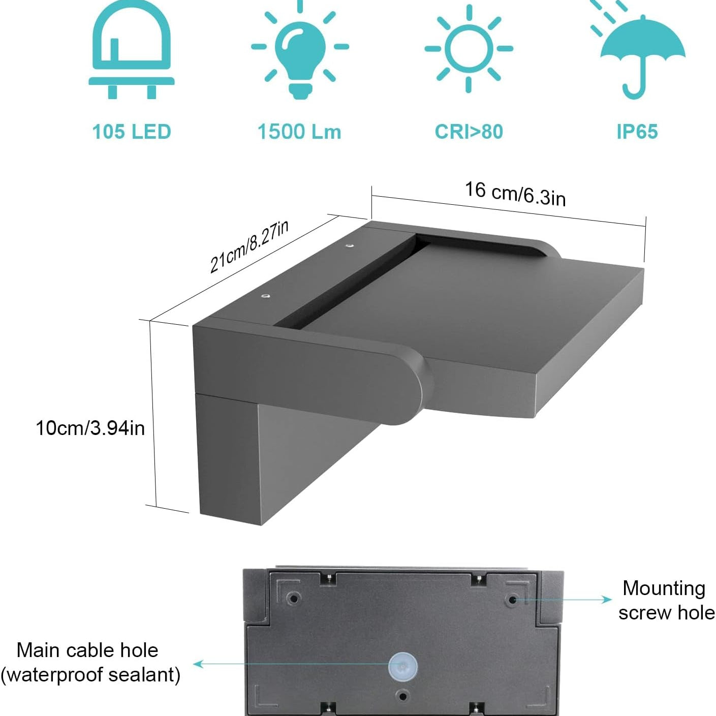 Technical specifications and dimensions of a LED light fixture on a white background