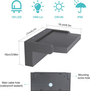 Technical specifications and dimensions of a black outdoor light fixture on a white background.