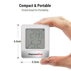Thermometer held in a hand with dimensions displayed, featuring the brand 'Thermopro'.