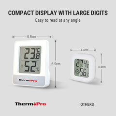 Thermopro digital thermometer with large digits and dimensions on a gray background
