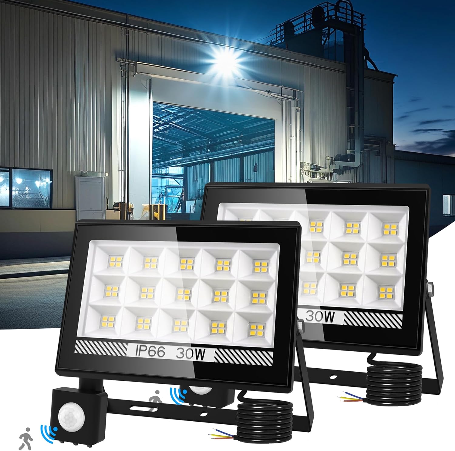 Three LED flood lights with a building in the background