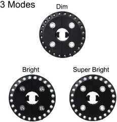 Three LED light modes labeled 'Dim', 'Bright', and 'Super Bright' on a white background.