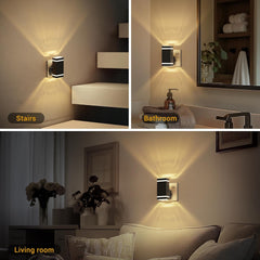 Three different wall lights in a living room, bathroom, and stairwell.