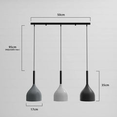 Three pendant lights with dimensions indicated on a gray background