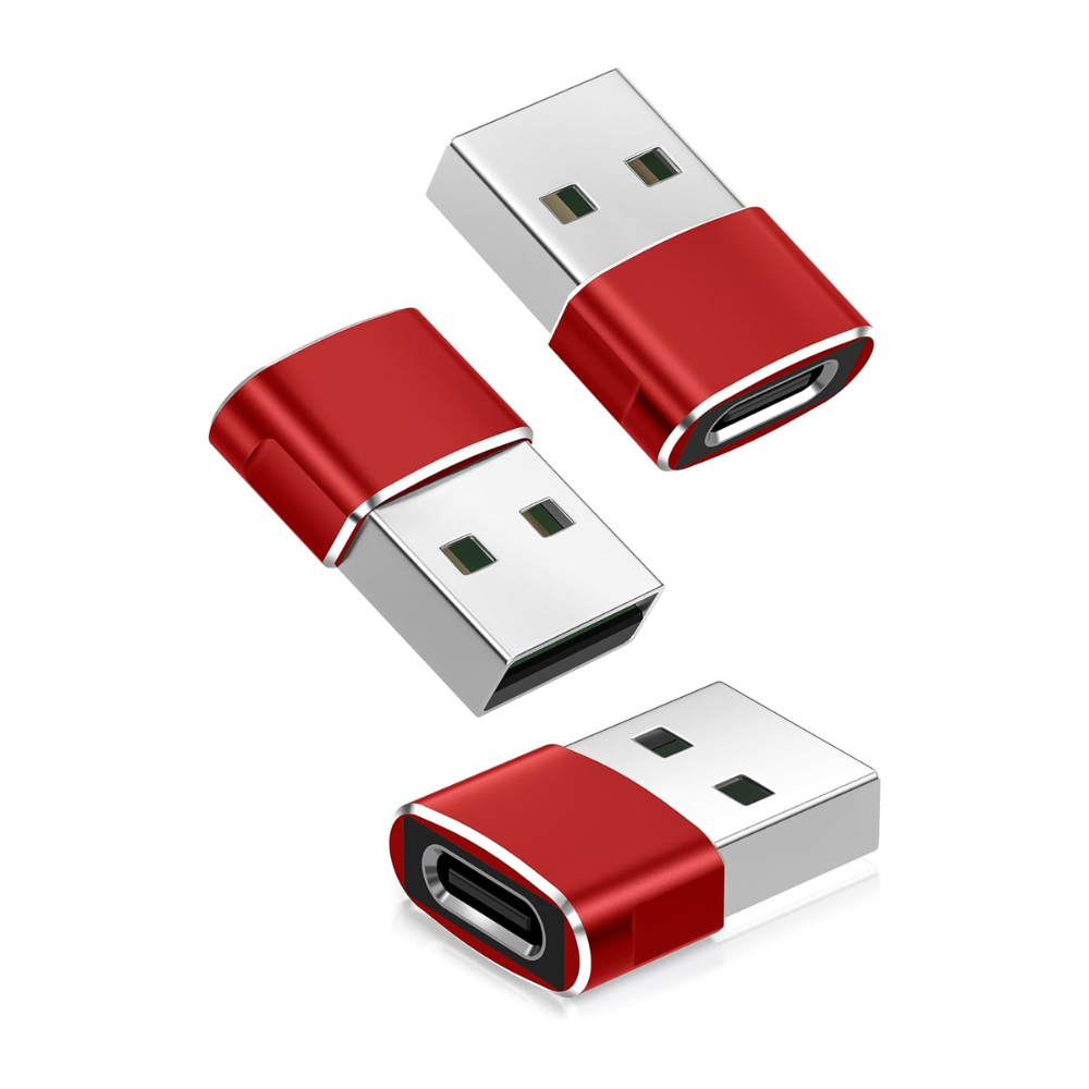 Three red and silver USB adapters on a white background