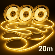Three rolls of LED strip light with a 20-meter length on a dark background