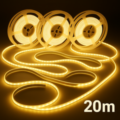 Three rolls of LED strip light with a 20-meter length on a dark background