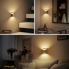 Three scenes showing wall-mounted lights in a living room, bathroom, and stairs area.