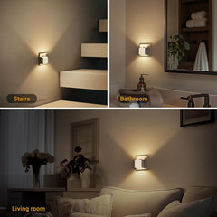 Three scenes showing wall lights in a living room, bathroom, and stairs area.
