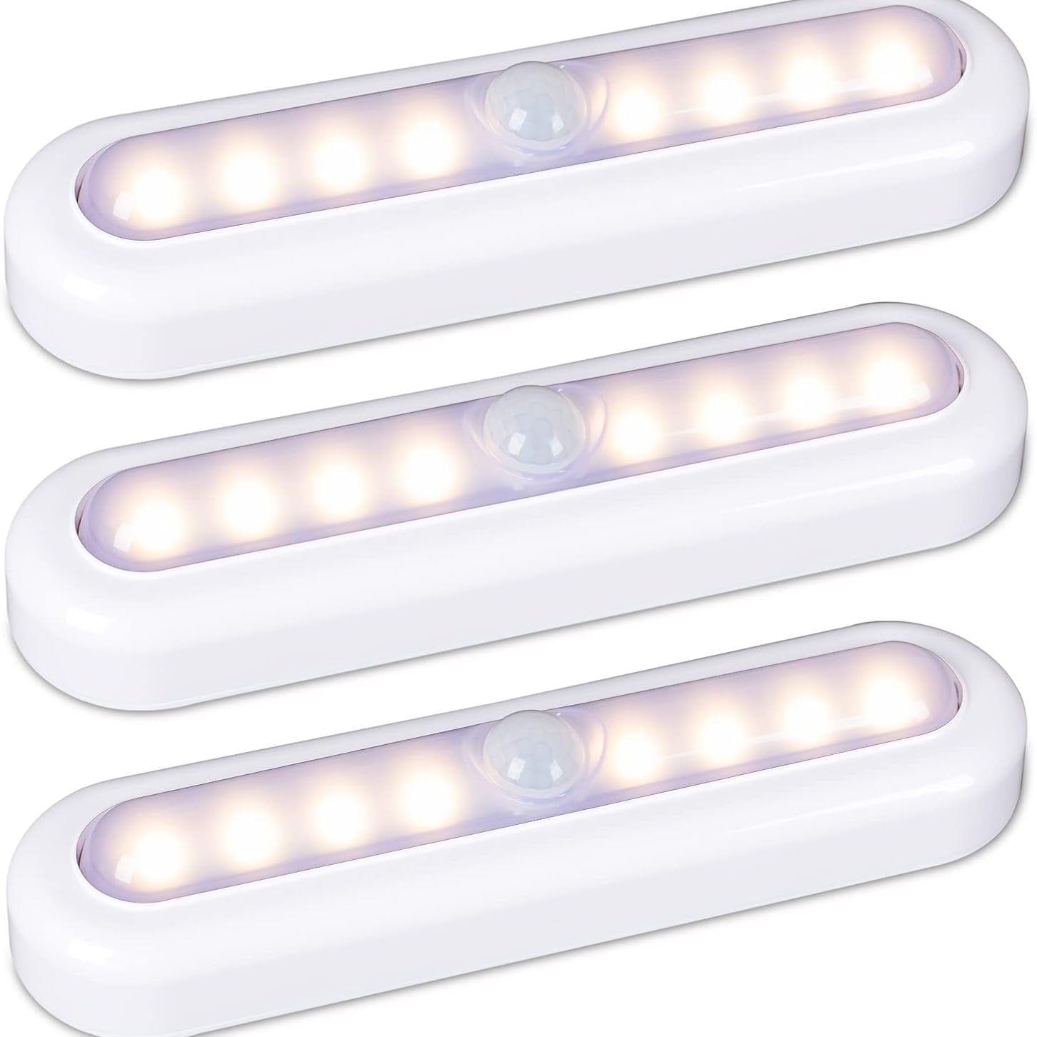 Three white LED motion sensor lights on a light gray background