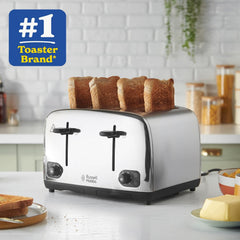 Toaster with four slices of toast on a kitchen counter, featuring the brand logo.