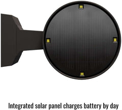 Top-down view of a solar panel with text indicating it charges a battery by day.