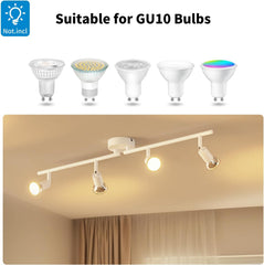 Track light fixture with GU10 bulb compatibility on a beige ceiling.