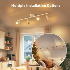 Track lighting system in a living room with multiple installation options highlighted.