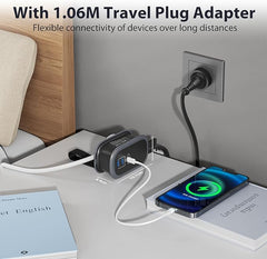 Travel plug adapter charging a smartphone on a nightstand with a book.