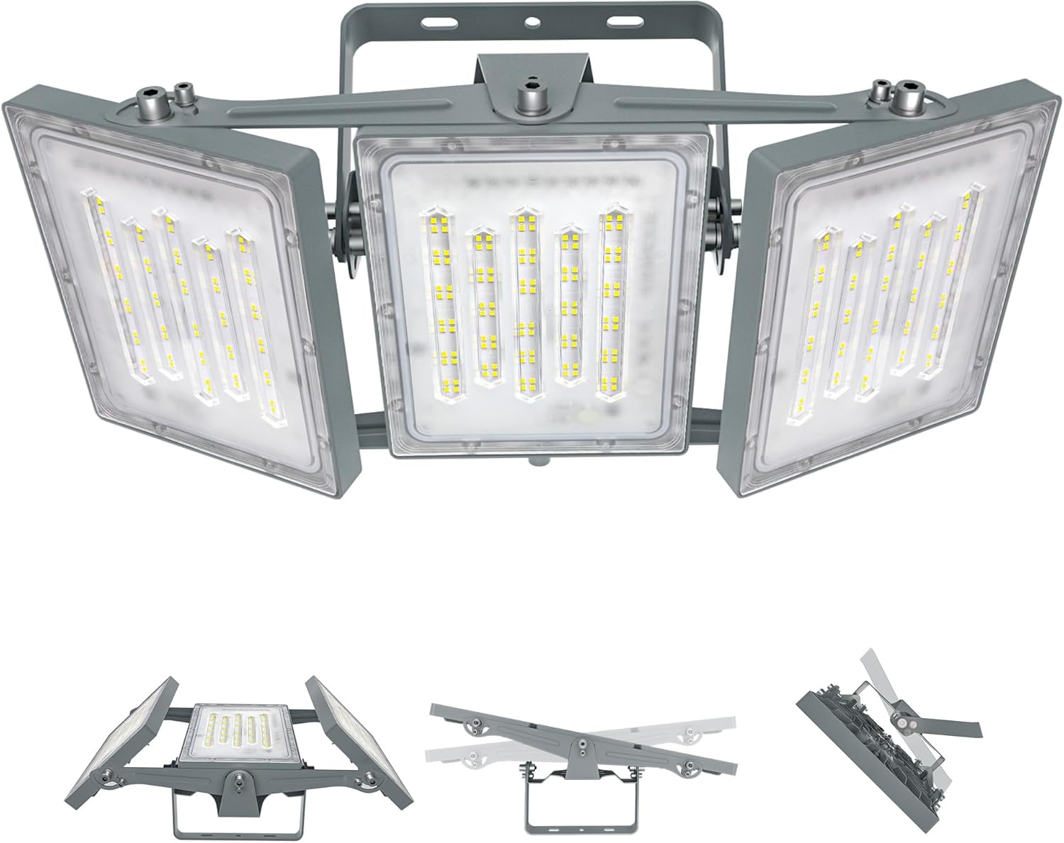 Triple-head LED flood light with adjustable panels on a white background