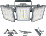 Triple-head LED flood light with mounting brackets on a white background