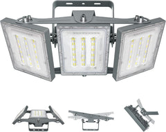 Triple-head LED flood light with mounting brackets on a white background