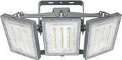 Triple-head flood light with LED lights on a white background