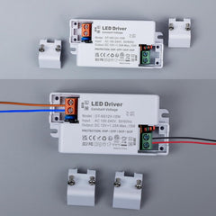 Two LED driver power supplies with connectors on a gray background