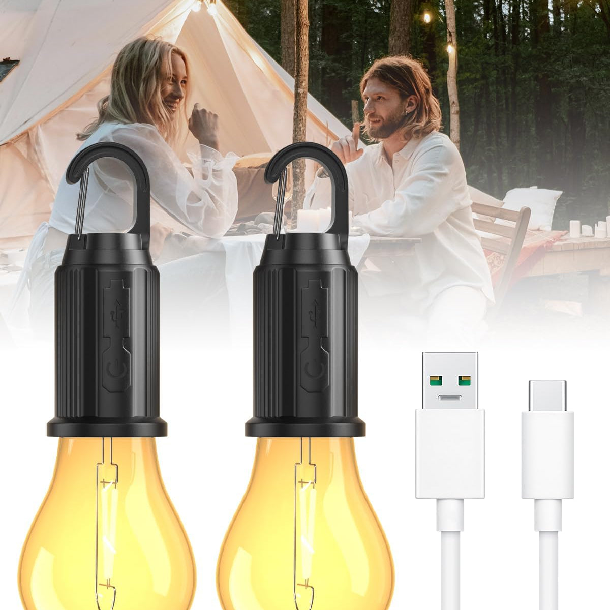 Two LED light bulbs with hooks, a USB cable, and a power adapter on a white background.