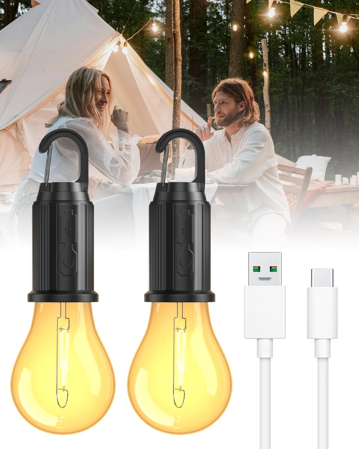 Two LED light bulbs with hooks, a USB cable, and a power adapter on a white background.