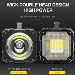Two LED lights with wick double head design and high power features on a black background.