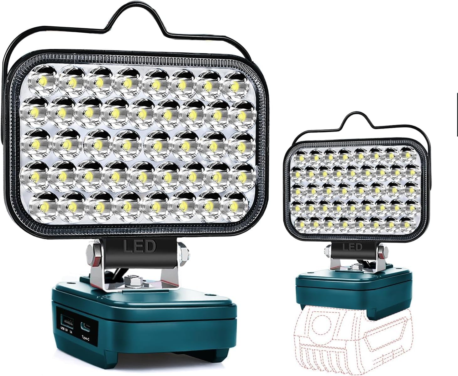 Two LED work lights with a visible brand logo on a white background