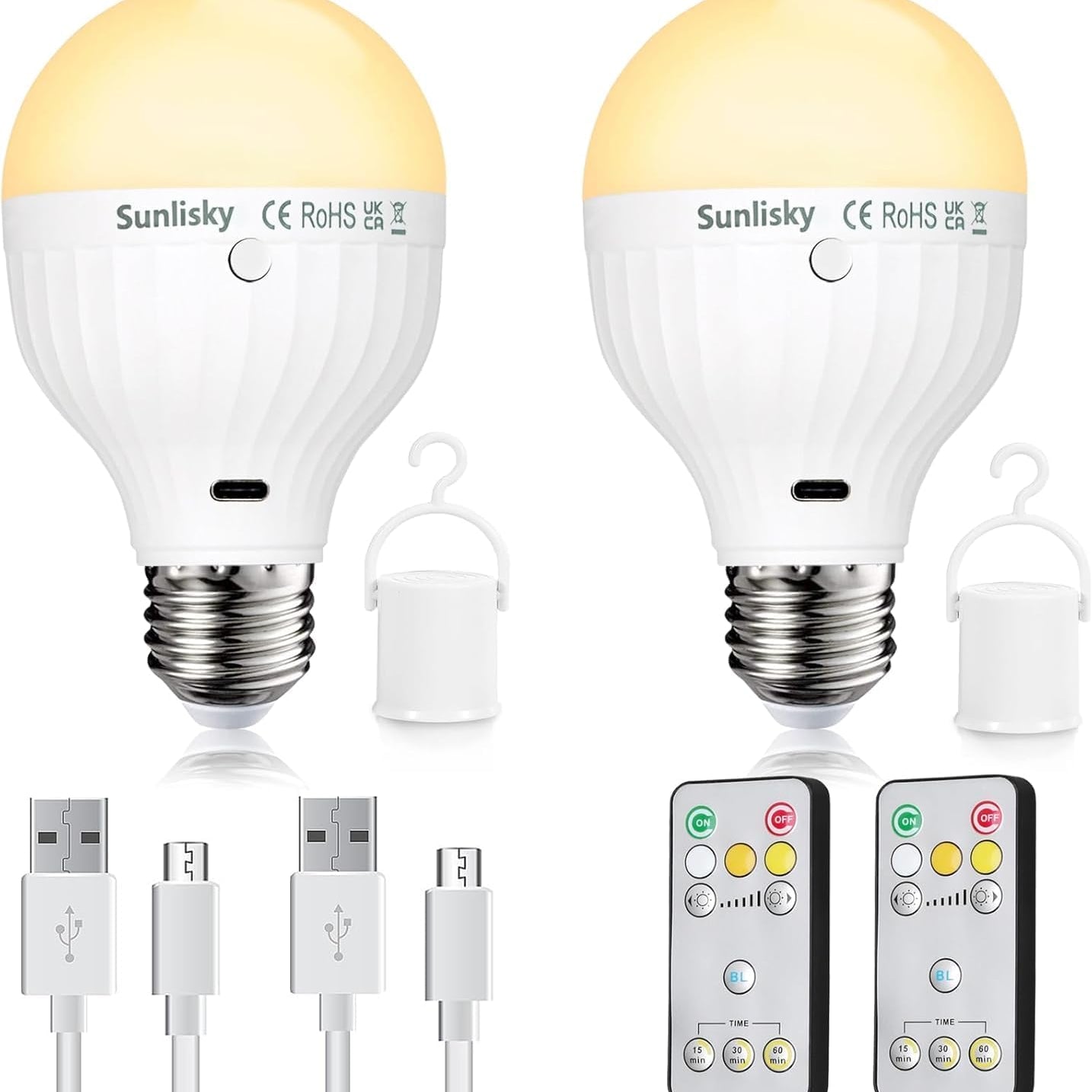 Two Sunlisky LED light bulbs with remote controls and cables on a white background