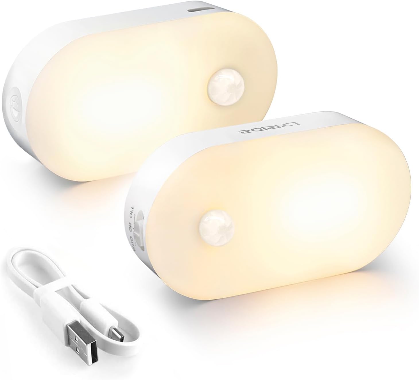 Two USB night lights with a cable on a white background