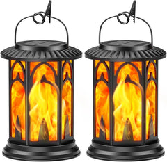 Two black lanterns with flame-like design on a white background