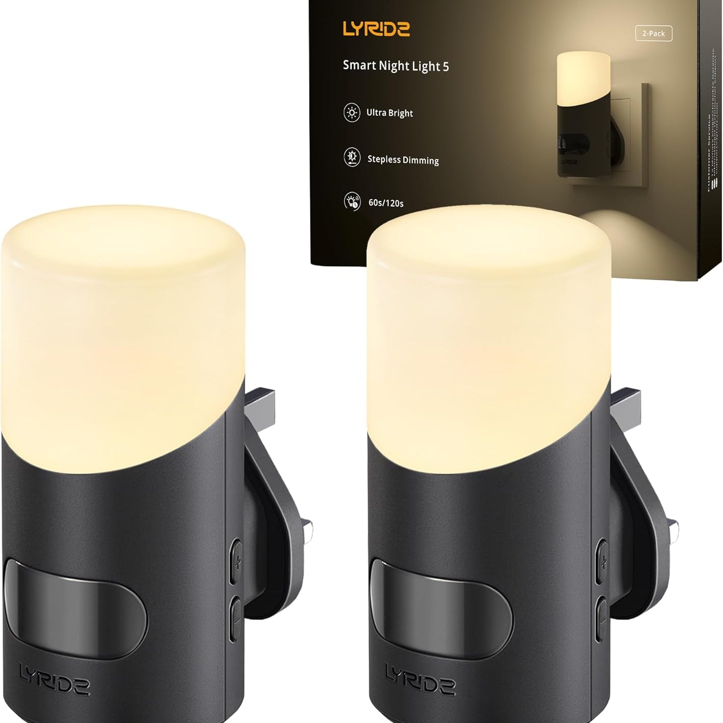 Two black outdoor wall lights with a Lyride branded box in the background.
