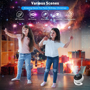 Two children dancing in a decorated room with a camera and lights on a starry night background.