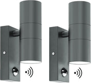 Two cylindrical outdoor wall lights with sensor icons on a white background
