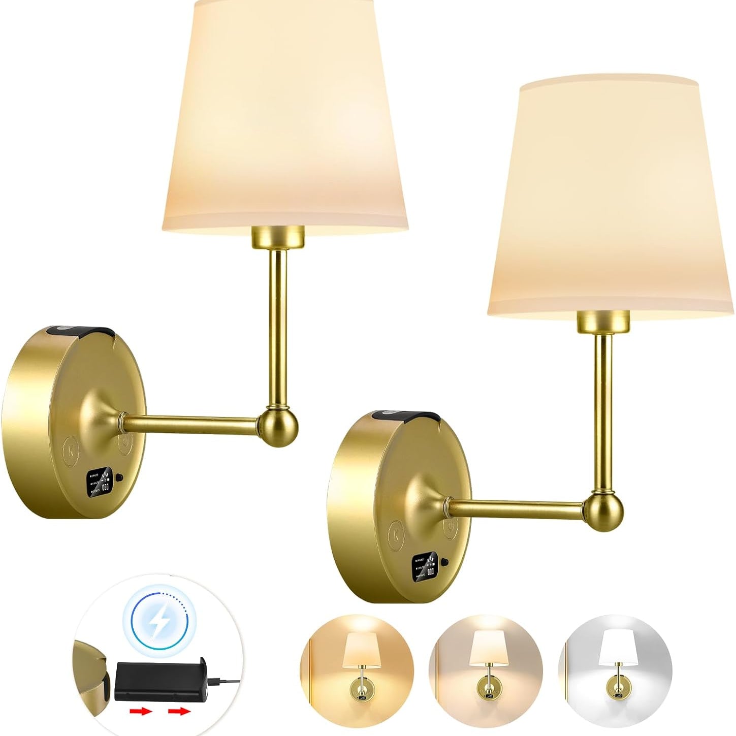 Two gold wall sconces with beige lampshades on a white background.