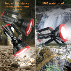 Two images of a flashlight with impact resistance and IP66 waterproof features. One image shows the flashlight on rocks, and the other shows it being used underwater.