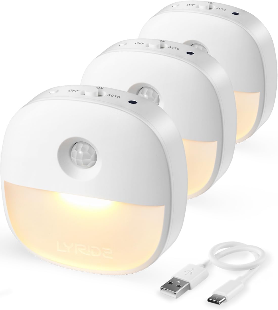 Two motion sensor lights with a USB cable on a white background