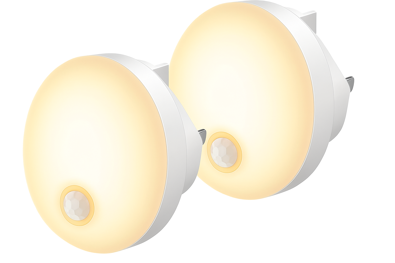Two motion sensor night lights on a white background