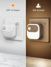 Two night light switches, one labeled 'OFF at Dawn' and the other 'ON at Dusk', on a neutral background.
