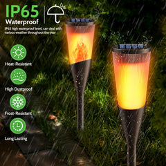 Two outdoor torch lights with waterproof rating and weather resistance features on a grassy background.