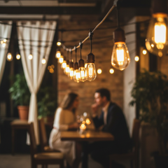 Two people sitting at a table in a cozy restaurant with string lights hanging above.