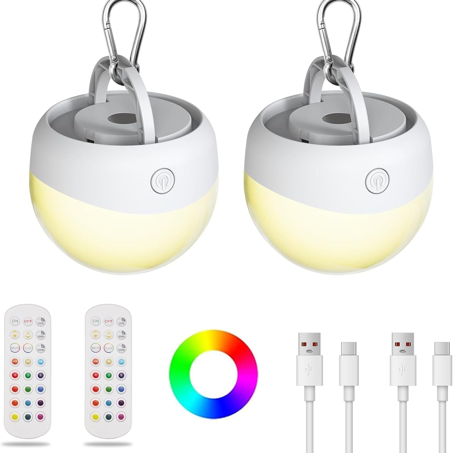 Two portable LED lights with remote controls and charging cables on a white background
