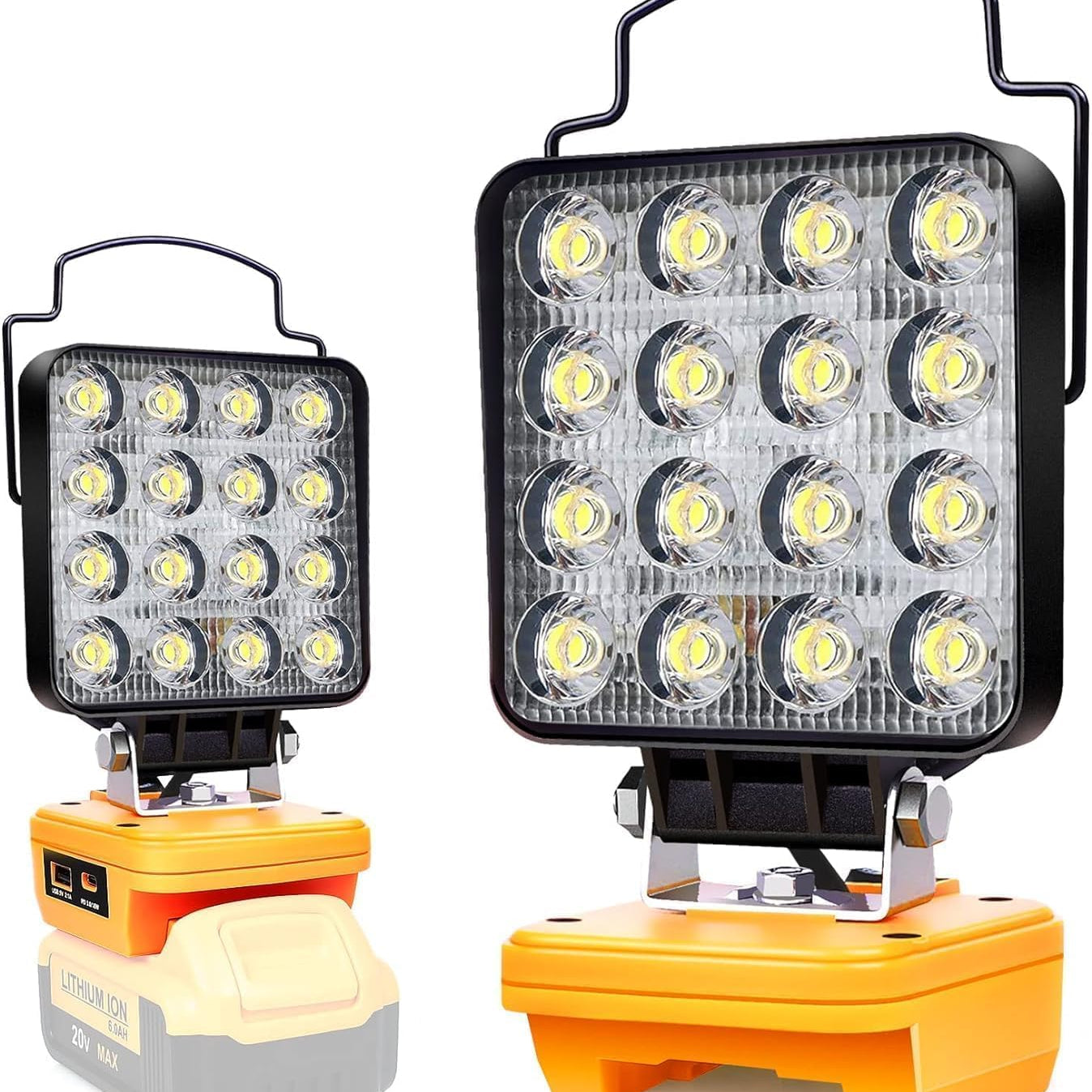 Two portable work lights with orange bases and black fixtures on a white background