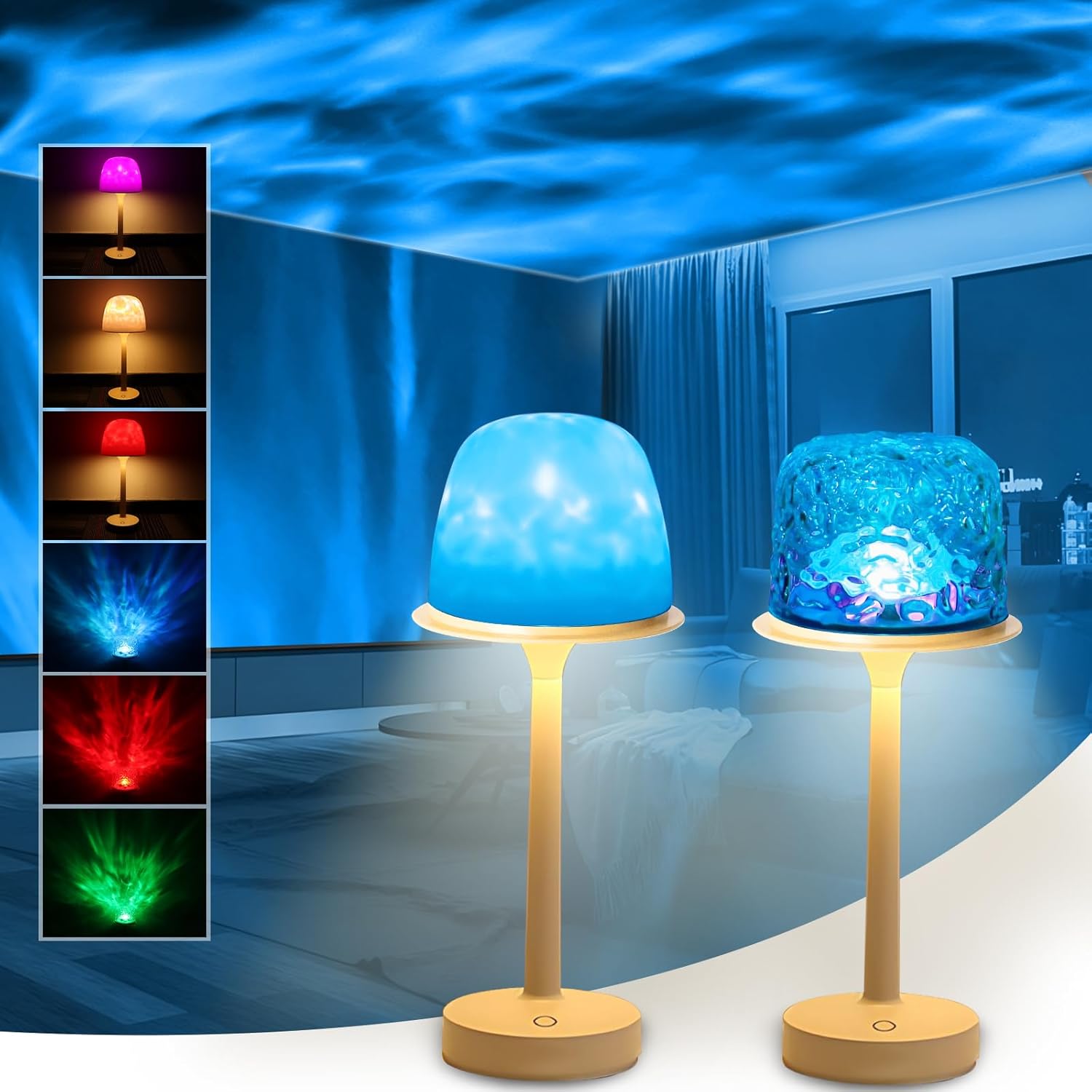 Two table lamps with colorful light displays in a room setting.