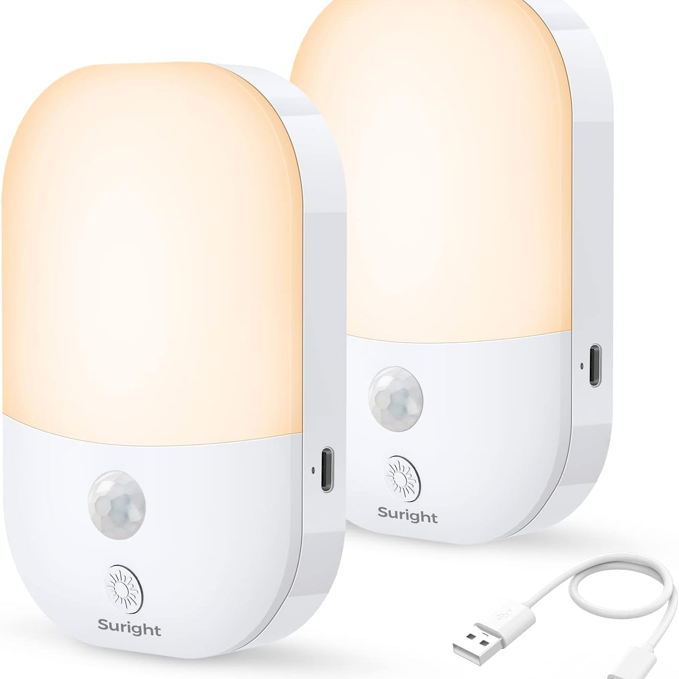Two white night lights with motion sensors and USB cable on a white background