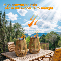 Two wicker lanterns on a table with sunlight exposure instructions against a scenic background.
