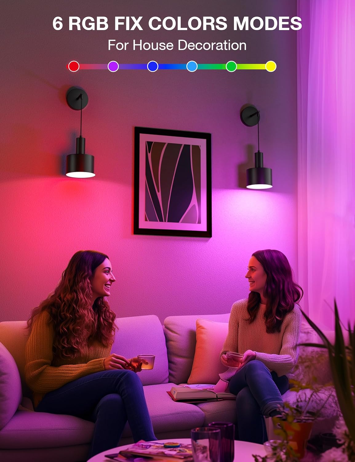 Two women sitting on a couch in a living room with RGB lighting effects.