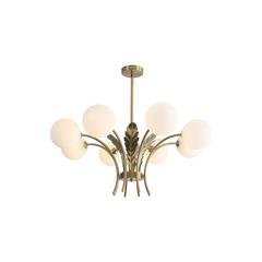 Chandelier with five round glass shades on a white background